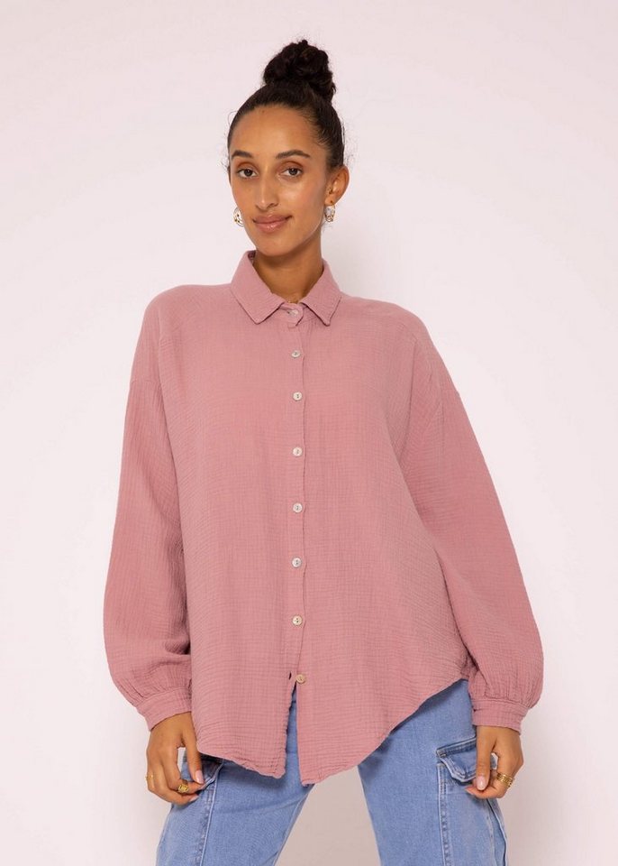 SASSYCLASSY Longbluse Oversize Musselin Bluse Damen kurz Langarm Elegant Hemdbluse lang aus Baumwolle mit V-Ausschnitt, One Size (Gr. 36-48) von SASSYCLASSY