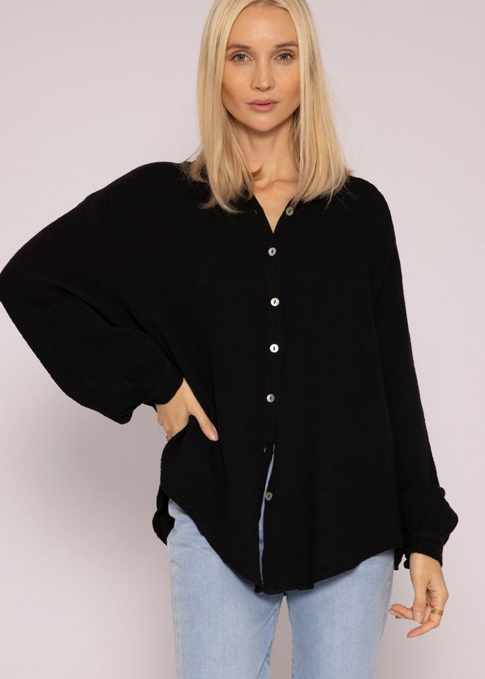 SASSYCLASSY Longbluse Oversize Musselin Bluse Damen kurz Langarm Elegant Hemdbluse lang aus Baumwolle mit V-Ausschnitt, One Size (Gr. 36-48) von SASSYCLASSY