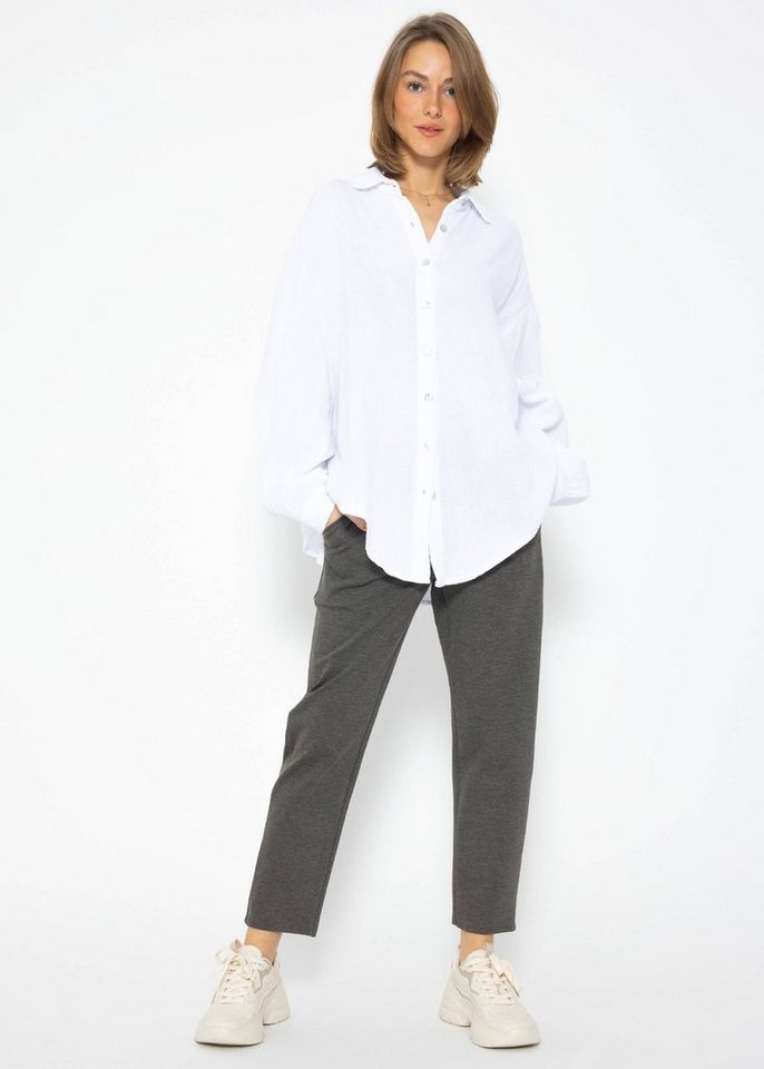 SASSYCLASSY Longbluse Oversize Musselin Bluse Damen kurz Langarm Elegant Hemdbluse lang aus Baumwolle mit V-Ausschnitt, One Size (Gr. 36-48) von SASSYCLASSY