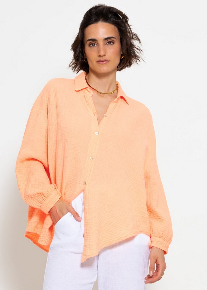 SASSYCLASSY Longbluse Oversize Musselin Bluse Damen kurz Langarm Elegant Hemdbluse lang aus Baumwolle mit V-Ausschnitt, One Size (Gr. 36-48) von SASSYCLASSY