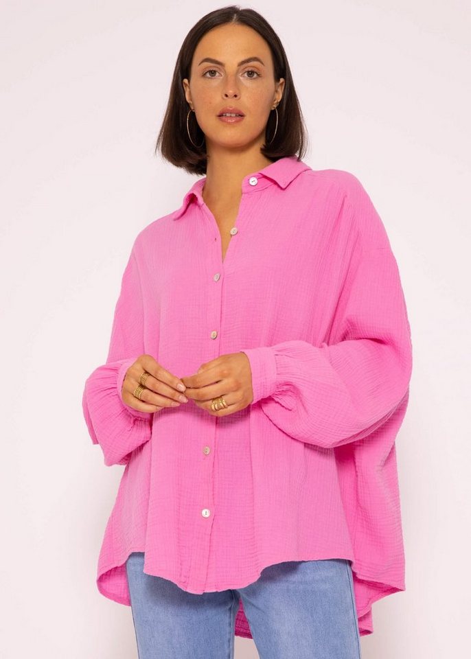 SASSYCLASSY Longbluse Oversize Musselin Bluse Damen kurz Langarm Elegant Hemdbluse lang aus Baumwolle mit V-Ausschnitt, One Size (Gr. 36-48) von SASSYCLASSY