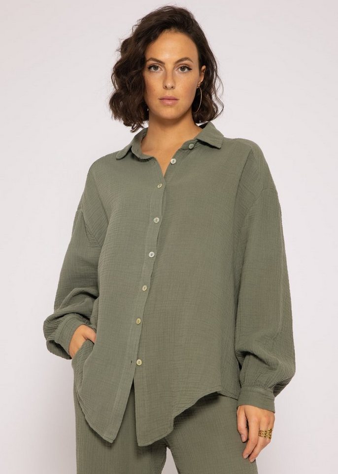 SASSYCLASSY Longbluse Oversize Musselin Bluse Damen kurz Langarm Elegant Hemdbluse lang aus Baumwolle mit V-Ausschnitt, One Size (Gr. 36-48) von SASSYCLASSY