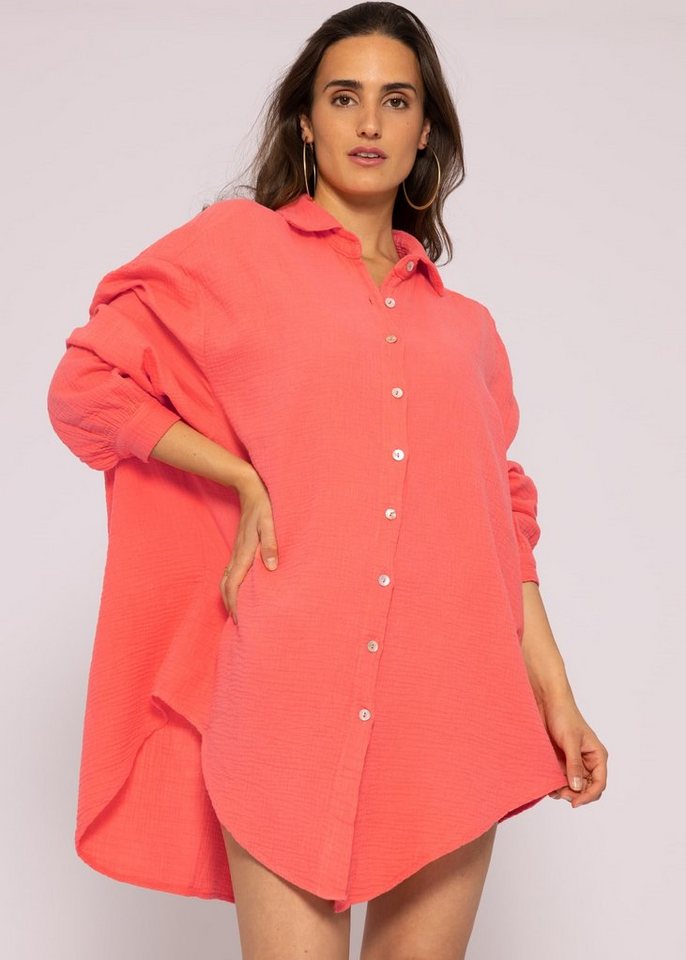 SASSYCLASSY Longbluse Oversize Musselin Bluse Damen Langarm Hemdbluse lang aus Baumwolle mit V-Ausschnitt, One Size (Gr. 36-48) von SASSYCLASSY