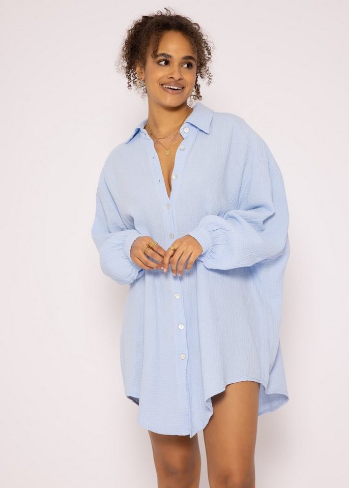 SASSYCLASSY Longbluse Oversize Musselin Bluse Damen Langarm Hemdbluse lang aus Baumwolle mit V-Ausschnitt, One Size (Gr. 36-48) von SASSYCLASSY