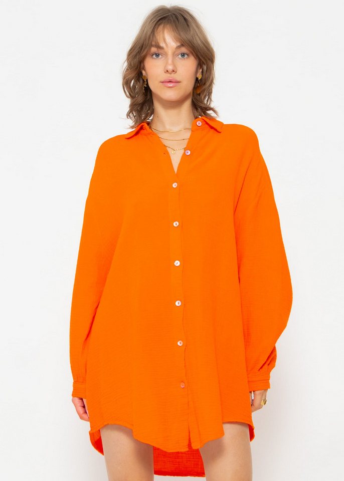 SASSYCLASSY Longbluse Oversize Musselin Bluse Damen Langarm Hemdbluse lang aus Baumwolle mit V-Ausschnitt, One Size (Gr. 36-48) von SASSYCLASSY