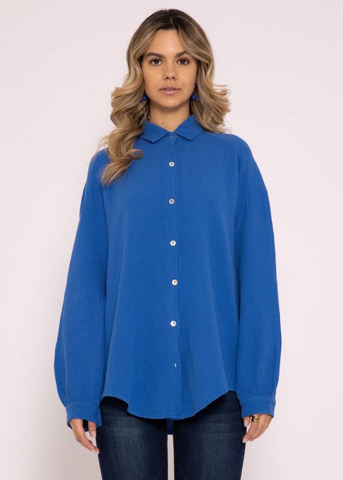 SASSYCLASSY Longbluse Oversize Musselin Bluse Damen kurz Langarm Elegant Hemdbluse lang aus Baumwolle mit V-Ausschnitt, One Size (Gr. 36-48) von SASSYCLASSY