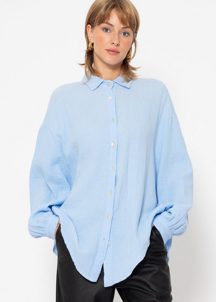 SASSYCLASSY Longbluse Oversize Musselin Bluse Damen kurz Langarm Elegant Hemdbluse lang aus Baumwolle mit V-Ausschnitt, One Size (Gr. 36-48) von SASSYCLASSY