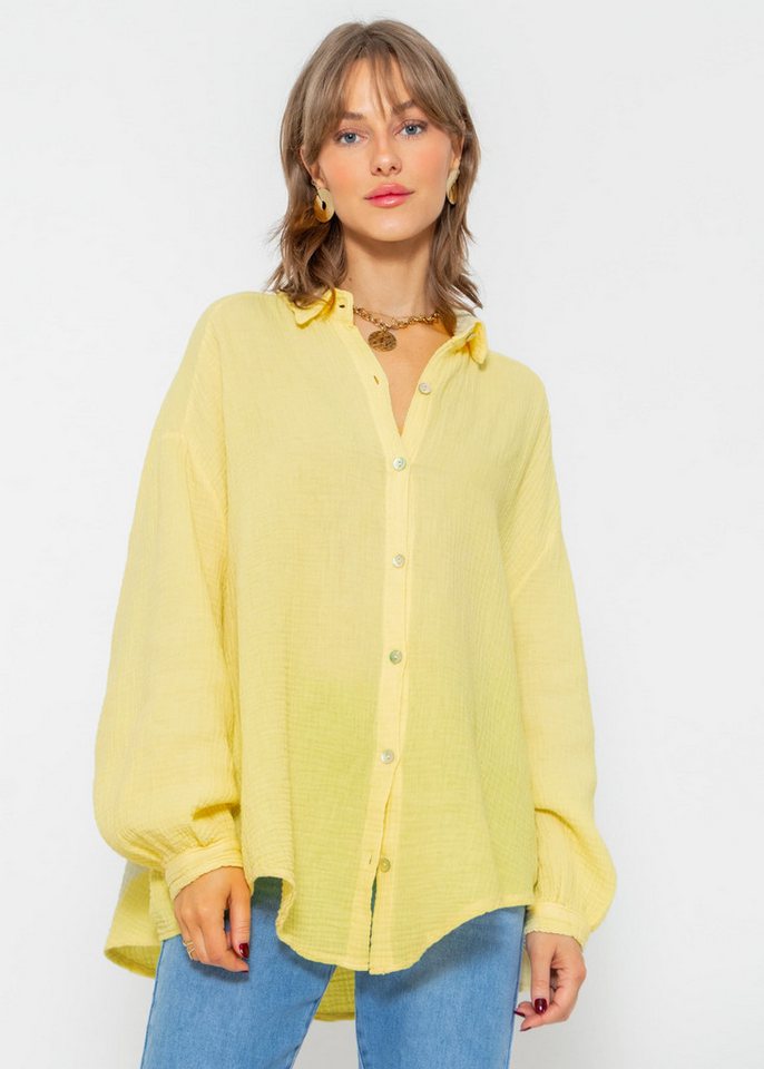 SASSYCLASSY Longbluse Oversize Musselin Bluse Damen kurz Langarm Elegant Hemdbluse lang aus Baumwolle mit V-Ausschnitt, One Size (Gr. 36-48) von SASSYCLASSY