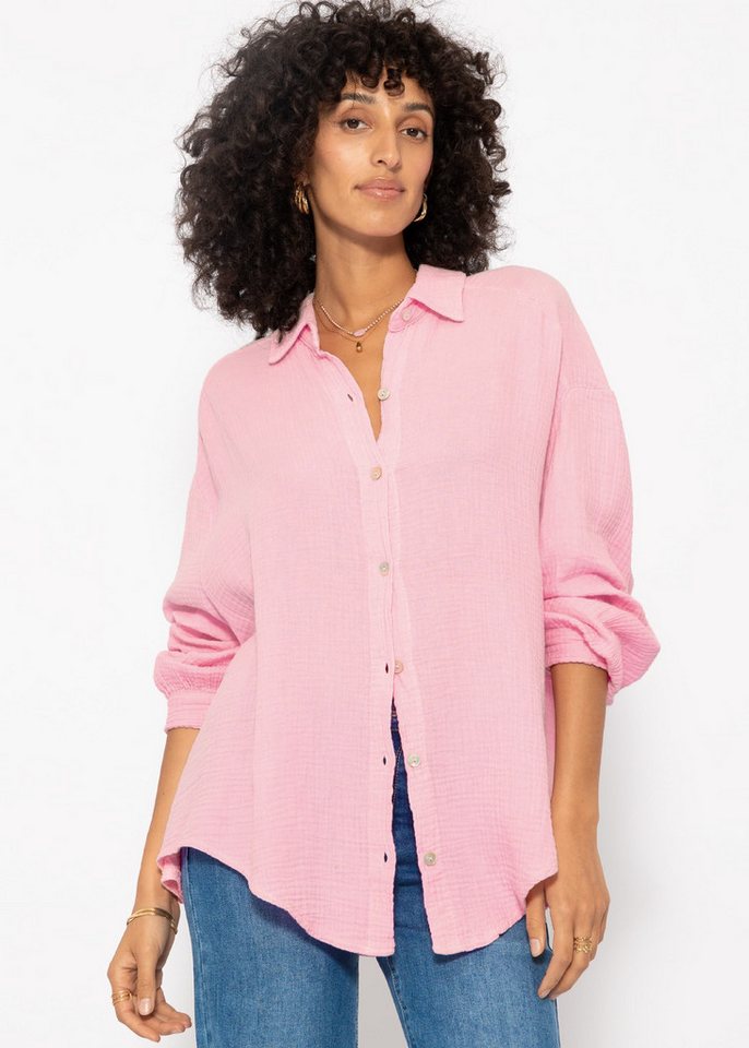 SASSYCLASSY Longbluse Oversize Musselin Bluse Damen kurz Langarm Elegant Hemdbluse lang aus Baumwolle mit V-Ausschnitt, One Size (Gr. 36-48) von SASSYCLASSY