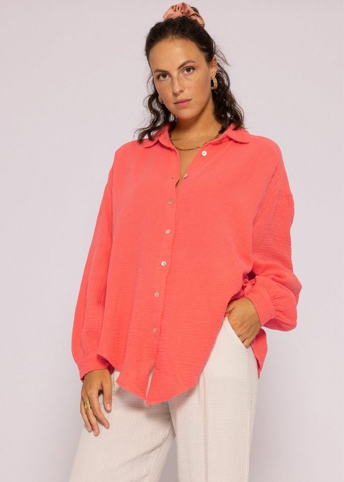 SASSYCLASSY Longbluse Oversize Musselin Bluse Damen Langarm Hemdbluse lang aus Baumwolle mit V-Ausschnitt von SASSYCLASSY
