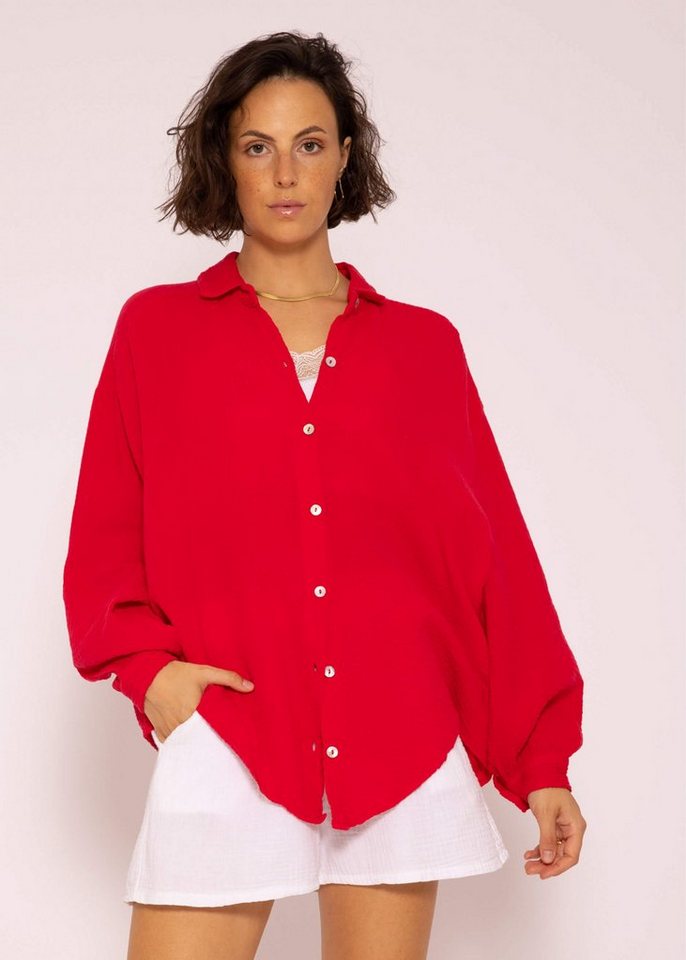 SASSYCLASSY Longbluse Oversize Musselin Bluse Damen Langarm Hemdbluse lang aus Baumwolle mit V-Ausschnitt, One Size (Gr. 36-48) von SASSYCLASSY