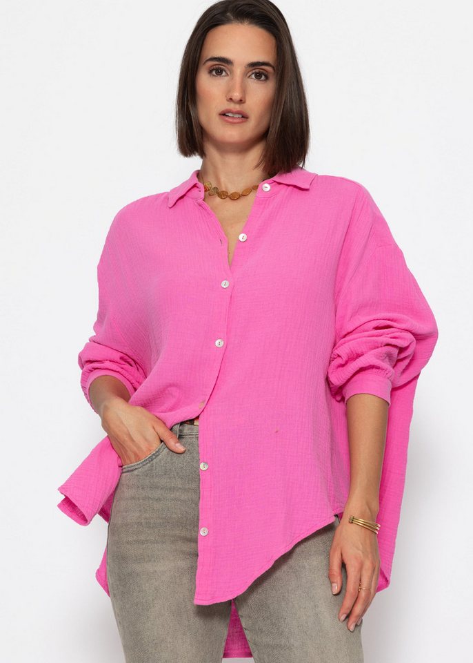 SASSYCLASSY Longbluse Oversize Musselin Bluse Damen kurz Langarm Elegant Hemdbluse lang aus Baumwolle mit V-Ausschnitt, One Size (Gr. 36-48) von SASSYCLASSY