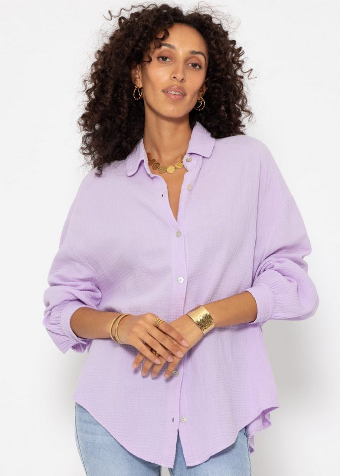 SASSYCLASSY Longbluse Oversize Musselin Bluse Damen kurz Langarm Elegant Hemdbluse lang aus Baumwolle mit V-Ausschnitt, One Size (Gr. 36-48) von SASSYCLASSY