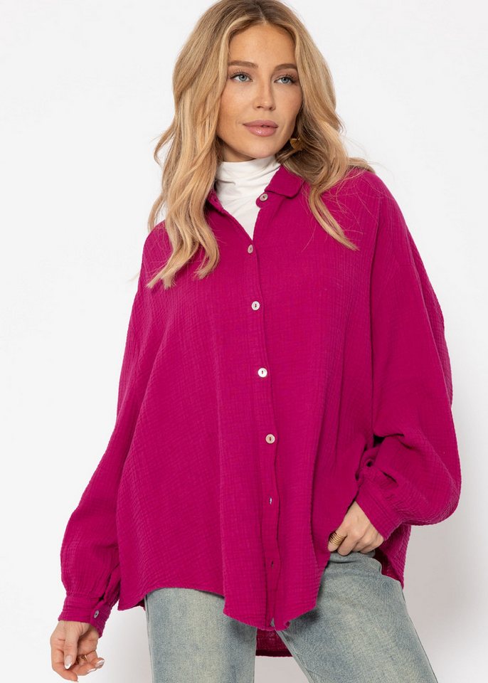 SASSYCLASSY Longbluse Oversize Musselin Bluse Damen kurz Langarm Elegant Hemdbluse lang aus Baumwolle mit V-Ausschnitt, One Size (Gr. 36-48) von SASSYCLASSY