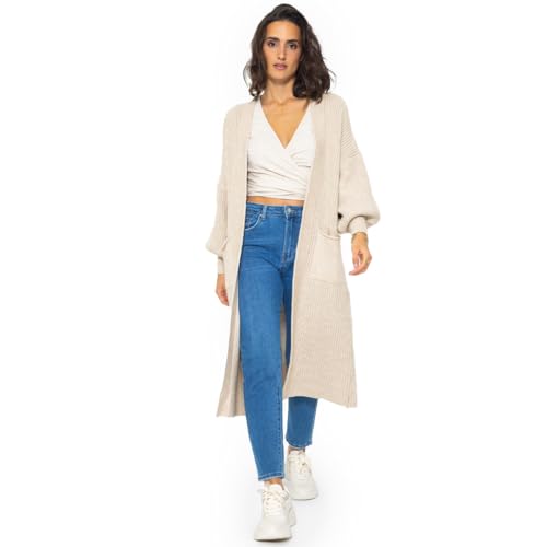 SASSYCLASSY Maxi Cardigan Damen lang - Oversize Strickjacke mit Taschen - Übergangsmantel Longstrickjacke - Strickmantel Herbst Outfit Pullover & Strickjacken für Damen lang - Long Cardigan Beige - L von SASSYCLASSY
