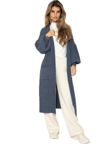 SASSYCLASSY Maxi Cardigan Damen lang - Oversize Strickjacke mit Taschen - Übergangsmantel Longstrickjacke - Strickmantel Herbst Outfit Pullover & Strickjacken für Damen lang Long Cardigan Jeansblau M von SASSYCLASSY
