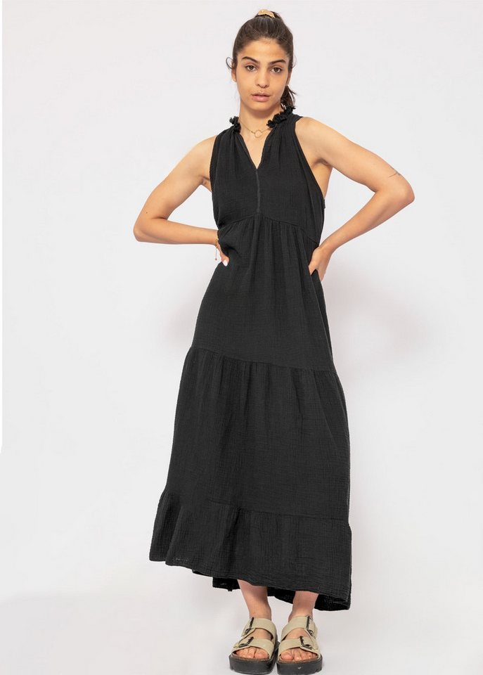 SASSYCLASSY Maxikleid Langes Musselin Kleid mit Stufendesign Maxikleid aus Baumwolle mit V-Ausschnitt und Fransen von SASSYCLASSY