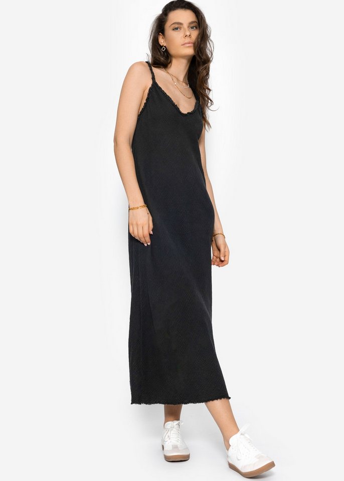 SASSYCLASSY Midikleid Musselin Maxi Kleid Damen mit Fransenborte Musselinkleid aus Baumwolle mit dezenten Fransen elegant in Schwarz von SASSYCLASSY