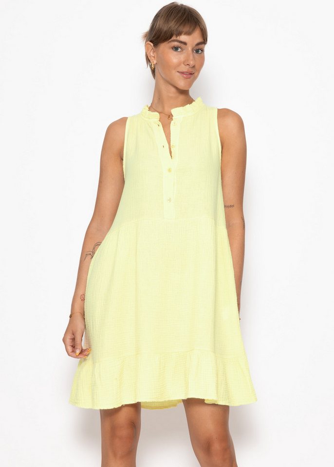 SASSYCLASSY Minikleid Ärmelloses Kleid mit Volants und floralem Print Luftiges Sommerkleid aus Musselin Baumwolle Pink Leo Beige Gelb von SASSYCLASSY