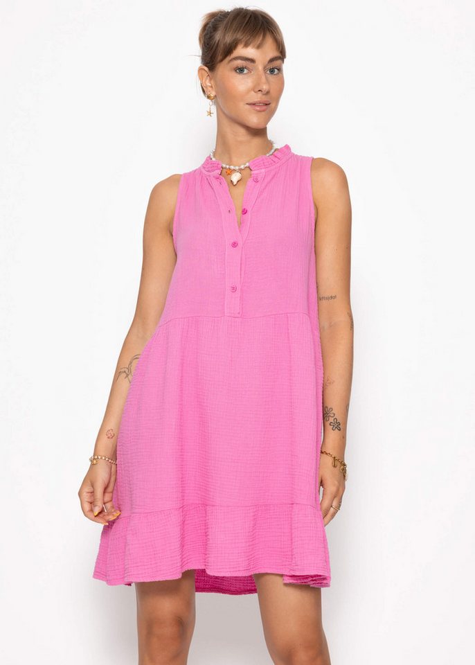 SASSYCLASSY Minikleid Ärmelloses Kleid mit Volants und floralem Print Luftiges Sommerkleid aus Musselin Baumwolle Pink Leo Beige Gelb von SASSYCLASSY