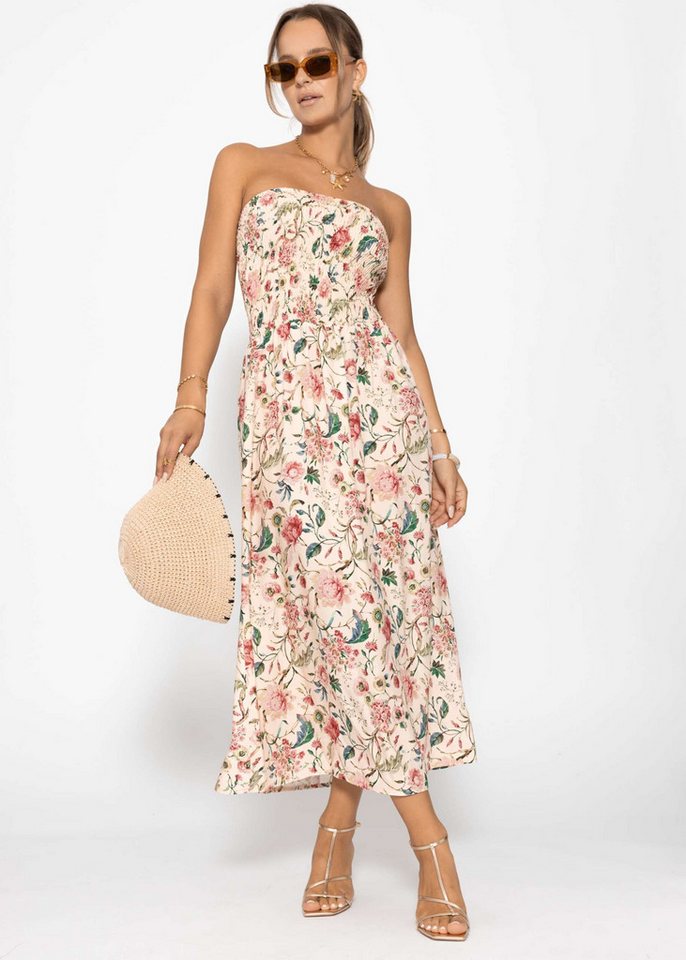 SASSYCLASSY Minikleid Gesmoktes Bandeau-Kleid mit Print Damen trägerloses Midikleid mit gerafftem Bustier jeansblau von SASSYCLASSY