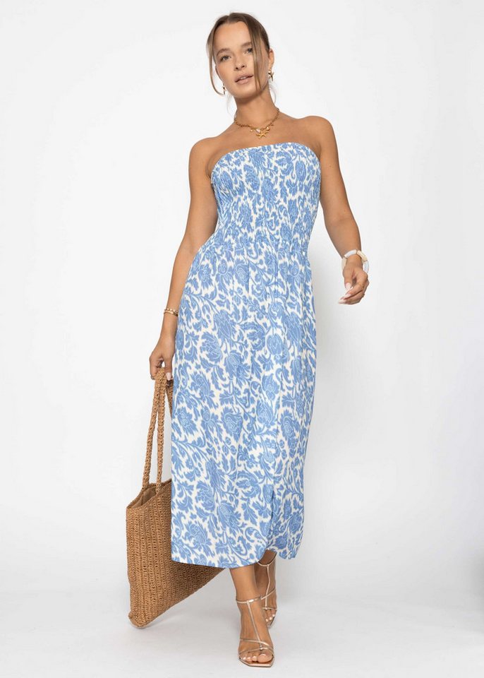 SASSYCLASSY Minikleid Gesmoktes Bandeau-Kleid mit Print Damen trägerloses Midikleid mit gerafftem Bustier jeansblau von SASSYCLASSY