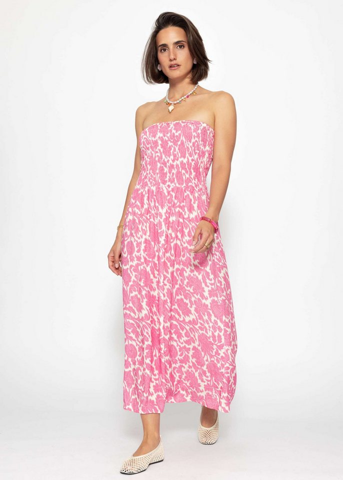 SASSYCLASSY Minikleid Gesmoktes Bandeau-Kleid mit Print Damen trägerloses Midikleid mit gerafftem Bustier jeansblau von SASSYCLASSY