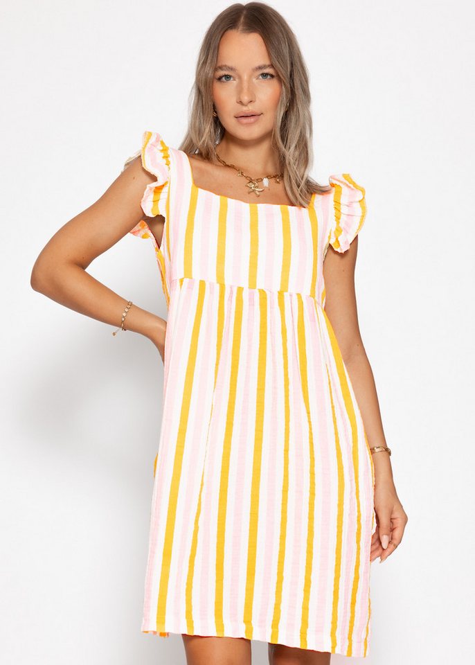 SASSYCLASSY Minikleid Gestreiftes Musselinkleid für Damen Kleid aus Musselin im Streifenmuster mit Rüschenärmel Rosa-Gelb Pink von SASSYCLASSY
