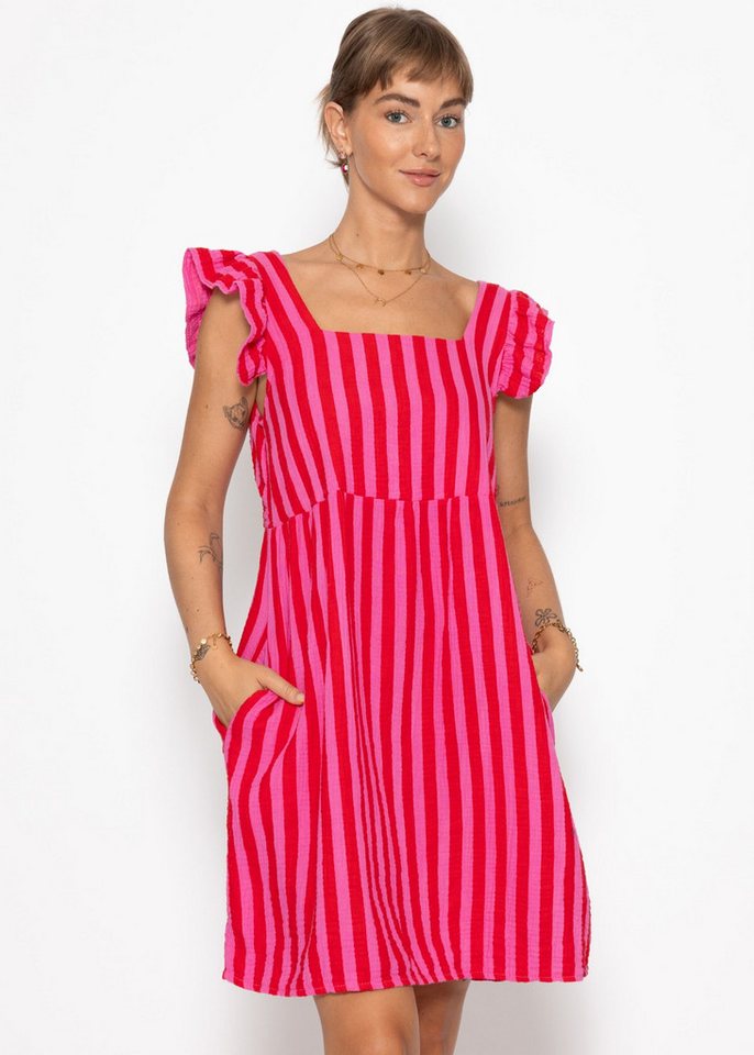 SASSYCLASSY Minikleid Gestreiftes Musselinkleid für Damen Kleid aus Musselin im Streifenmuster mit Rüschenärmel Rosa-Gelb Pink von SASSYCLASSY