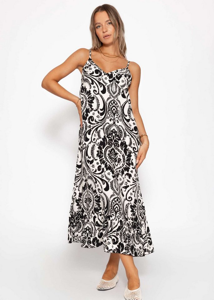 SASSYCLASSY Minikleid Maxi Kleid mit Paisley-Print für Damen Sommerliches Kleid aus Viskose mit V-Ausschnitt Schwarz Pink von SASSYCLASSY