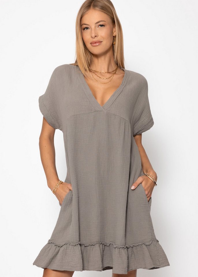 SASSYCLASSY Minikleid Musselin midi Kleid Sommer Elegant in V-Ausschnitt Lässiges leichtes Kleid kurzarm aus Baumwollmousseline mit Volantsaum SASSYCLASSY Minikleid Musselin midi Kleid Sommer Elegant in V-Ausschnitt Lässiges leichtes Kleid kurzarm aus Baumwollmousseline mit Volantsaum von SASSYCLASSY