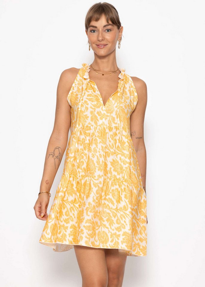 SASSYCLASSY Minikleid Sommerkleid mit Blumenprint für Damen Ärmelloses Kleid aus Viskose mit Rüschendetails Gelb von SASSYCLASSY