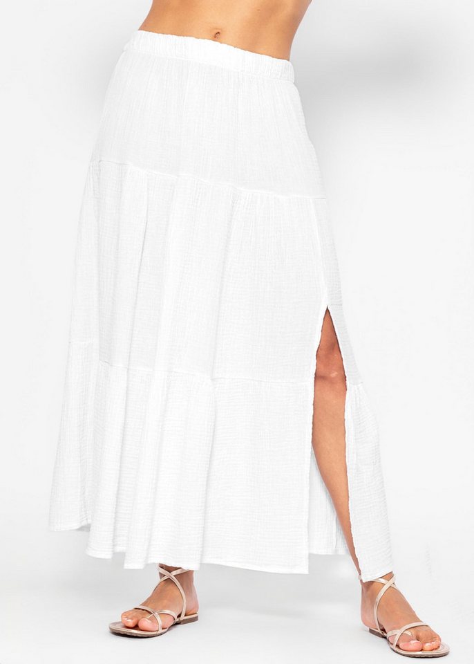 SASSYCLASSY Minirock Maxi High Waist Volants Musselinrock mit Schlitz Lockerer A-Linien Rock lang mit Gummibund aus Baumwolle Hummer Weiß von SASSYCLASSY