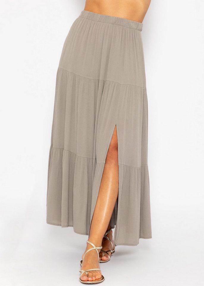SASSYCLASSY Minirock Maxi Volants Rock mit Schlitz in Crinkle-Optik Lockerer High Waist A-Linien Rock lang mit Gummibund Taupe Schwarz von SASSYCLASSY