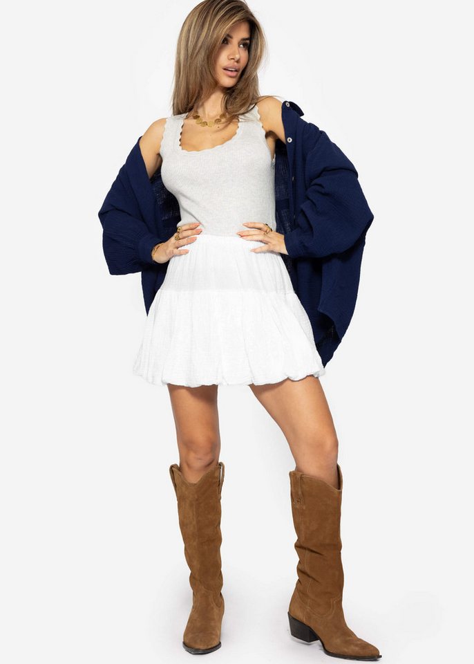 SASSYCLASSY Minirock Musselin Rock Damen kurz mit Ballonsaum elegant Minirock aus Baumwolle mit Raffungen und Gummibund Schwarz Weiß von SASSYCLASSY