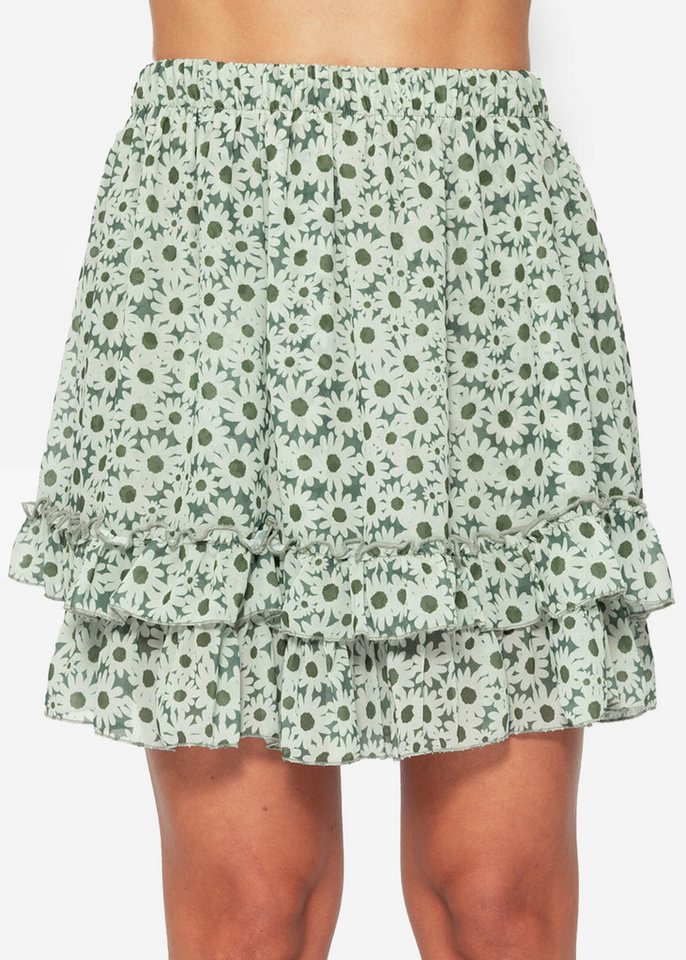 SASSYCLASSY Minirock Rüschenrock Damen kurz in A-Linie mit Volants Minirock Elegant mit Gummibund in Leo Blumen Karo Muster Schwarz Beige von SASSYCLASSY