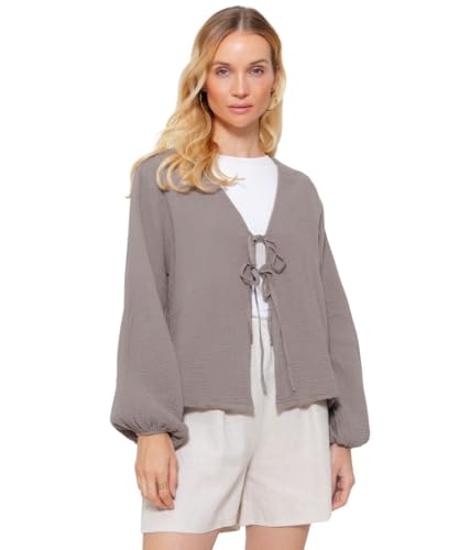 SASSYCLASSY Musselin Bluse Damen mit Bindebändern in Braun - Sommer Blusenjacke Oberteil mit V-Ausschnitt - Baumwolle - Größe L-XL SASSYCLASSY Musselin Bluse Damen mit Bindebändern in Braun - Sommer Blusenjacke Oberteil mit V-Ausschnitt - Baumwolle - Größe L-XL von SASSYCLASSY