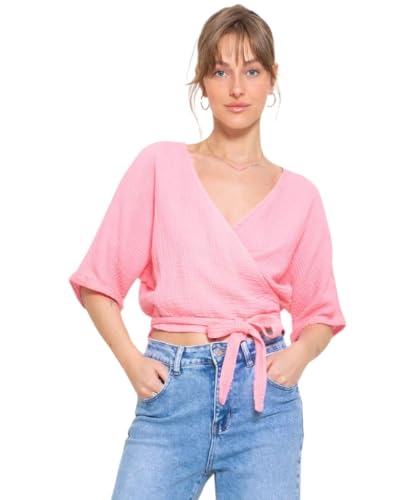 SASSYCLASSY Musselin Bluse Damen mit V-Ausschnitt - Wickel Bluse Damen Sommer in Rosa - Oberteil Damen Sommer zum Wickeln in Baumwolle- Größe L von SASSYCLASSY