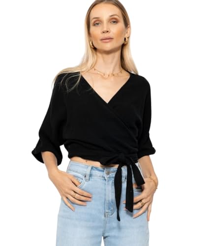 SASSYCLASSY Musselin Bluse Damen mit V-Ausschnitt - Wickel Bluse Damen Sommer in Schwarz - Oberteil Damen Sommer zum Wickeln in Baumwolle- Größe S von SASSYCLASSY