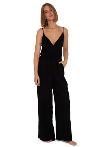 SASSYCLASSY Musselin Jumpsuit Damen Sommer - Hosenanzug Damen elegant mit Taschen - Sommer Outfits Damen - Overall Damen Sommer lang mit V-Ausschnitt und Trägern - Größe: L - Farbe: Schwarz von SASSYCLASSY