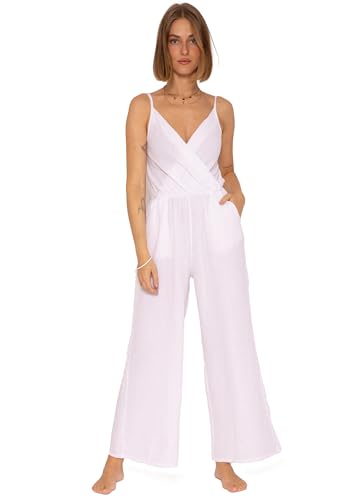 SASSYCLASSY Musselin Jumpsuit Damen Sommer - Hosenanzug Damen elegant mit Taschen - Sommer Outfits Damen - Overall Damen Sommer lang mit V-Ausschnitt und Trägern - Größe: L - Farbe: Weiß von SASSYCLASSY