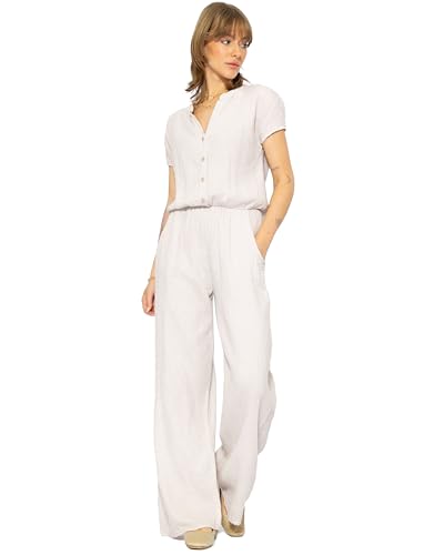 SASSYCLASSY Damen Musselin Jumpsuit Sommer - Overall Damen Sommer lang Hellbeige - Jumpsuit aus Baumwolle mit V-Ausschnitt und elastischer Taille - Größe M von SASSYCLASSY