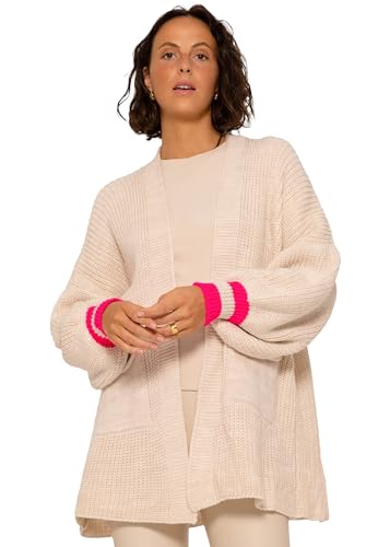 SASSYCLASSY Cardigan Damen kurz in Beige - Strickjacke Damen Grobstrick mit offenem Halsausschnitt und pinken Details Langarm in Größe L von SASSYCLASSY