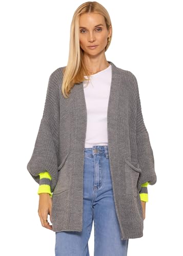 SASSYCLASSY Cardigan Damen kurz in Grau - Strickjacke Damen Grobstrick mit offenem Halsausschnitt und neongelben Details Langarm in Größe L von SASSYCLASSY