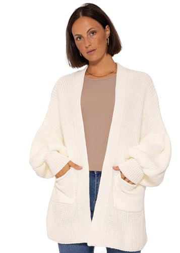 SASSYCLASSY Cardigan Damen kurz in Weiß - Strickjacke Damen Grobstrick Offwhite mit offenem Halsausschnitt Langarm in Größe L von SASSYCLASSY