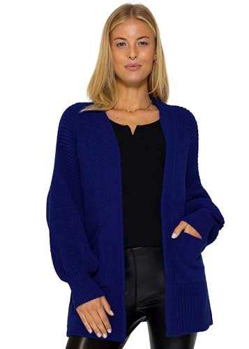 SASSYCLASSY Cardigan Damen kurz in Royalblau - Strickjacke Damen Grobstrick mit offenem Halsausschnitt & Langarm Blau in Größe L von SASSYCLASSY