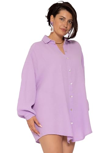 SASSYCLASSY Oversize Plus-Size Musselin Bluse Damen Langarm - Oversized Freizeit Look - Hemdbluse lang – Curvy Mode Damen aus Baumwolle mit V Ausschnitt - One Size (Gr. 42-50) von SASSYCLASSY