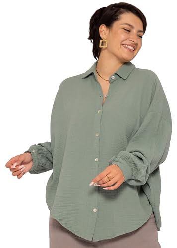 SASSYCLASSY Oversize Plus-Size Musselin Bluse Damen Langarm - Oversized Freizeit Look - Hemdbluse lang – Curvy Mode Damen aus Baumwolle mit V Ausschnitt - One Size (Gr. 42-50) von SASSYCLASSY