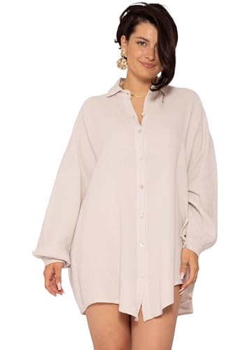 SASSYCLASSY Oversize Plus-Size Musselin Bluse Damen Langarm - Oversized Freizeit Look - Hemdbluse lang – Curvy Mode Damen aus Baumwolle mit V Ausschnitt - One Size (Gr. 42-50) von SASSYCLASSY