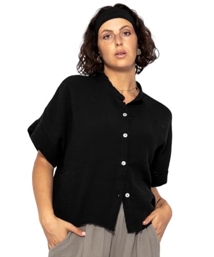 SASSYCLASSY Oversize Musselin Bluse Damen Kurzarm - Oversized Freizeit Look in Schwarz- Hemdbluse kurz aus Baumwolle mit V Ausschnitt - Größe S SASSYCLASSY Oversize Musselin Bluse Damen Kurzarm - Oversized Freizeit Look in Schwarz- Hemdbluse kurz aus Baumwolle mit V Ausschnitt - Größe S von SASSYCLASSY